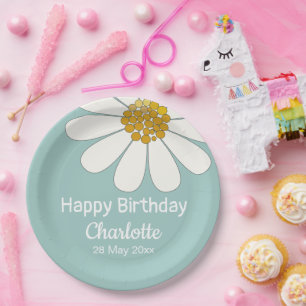 White Retro Modern Daisy Flower Custom Birthday Paper Plates
