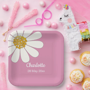 White Retro Modern Daisy Flower Custom Birthday Paper Plates