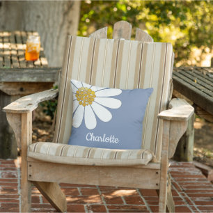 White Retro Modern Daisy Flower Custom Name   Outd Outdoor Pillow