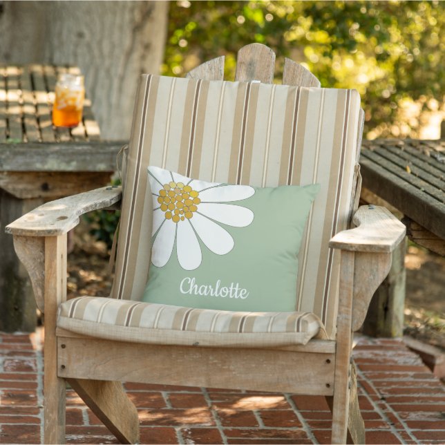 White Retro Modern Daisy Flower Custom Name   Outdoor Pillow (Chair)