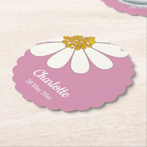 White Retro Modern Daisy Flower Custom Name  Paper Coaster