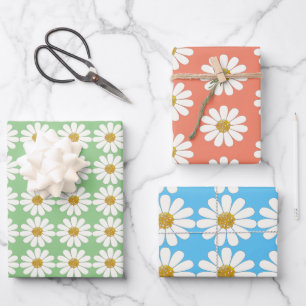 White Retro Modern Daisy Flower Pattern Custom Wrapping Paper Sheets