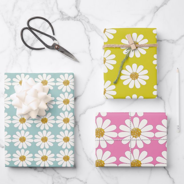 White Retro Modern Daisy Flower Pattern Custom  Wrapping Paper Sheets (Front)
