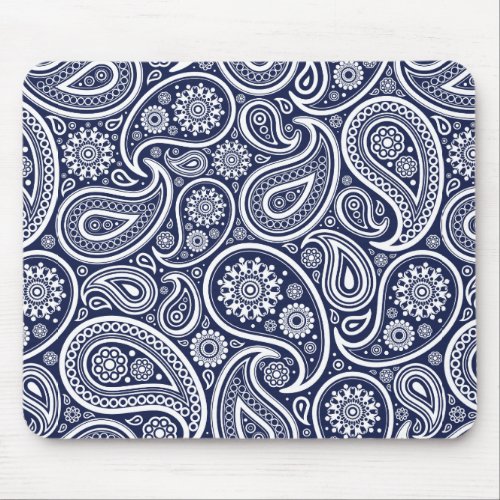 White Retro Paisley Pattern Design On dark_blue Mouse Pad