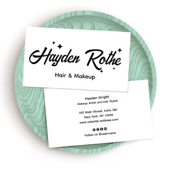 White Retro Script Makeup And Hair Stylist Business Card by sm_business_cards at Zazzle