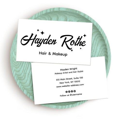 White Retro Script Makeup and Hair Stylist Business Card