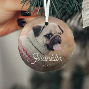 White Retro Script Pet Photo & Year Glass Ornament