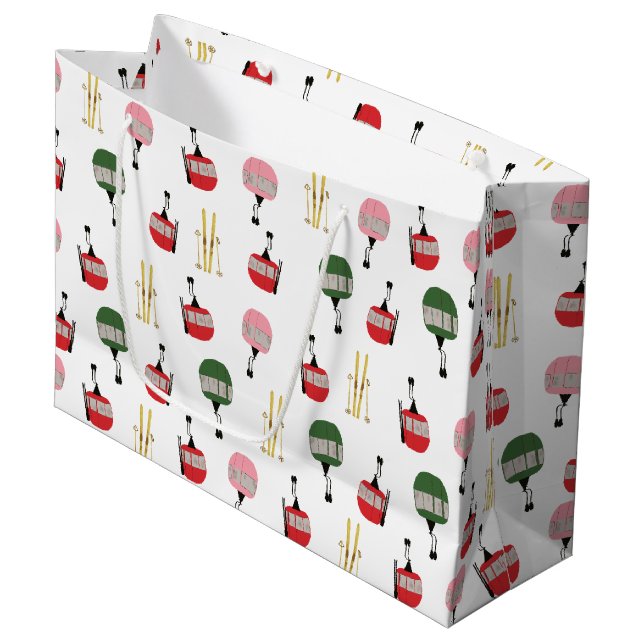 White Retro Ski Lift Gondola Winter Skiing  Large Gift Bag (Front Angled)