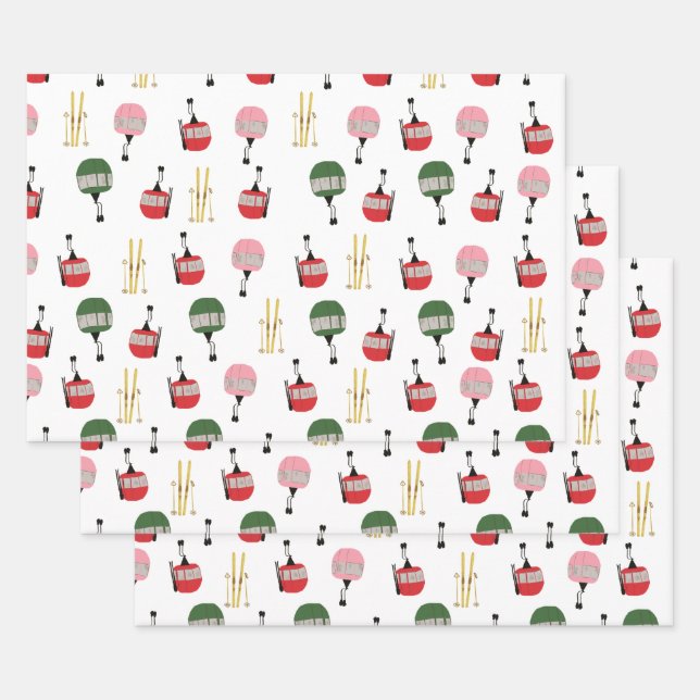 White Retro Ski Lift Gondola Winter Skiing  Wrapping Paper Sheets (Set)