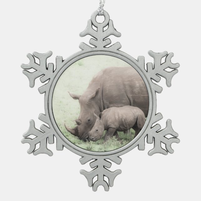 White Rhino & Baby Snowflake Ornament (Front)