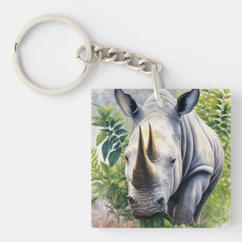 White Rhino Botanical Art  Keychain