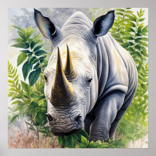 White Rhino Botanical Art  Poster