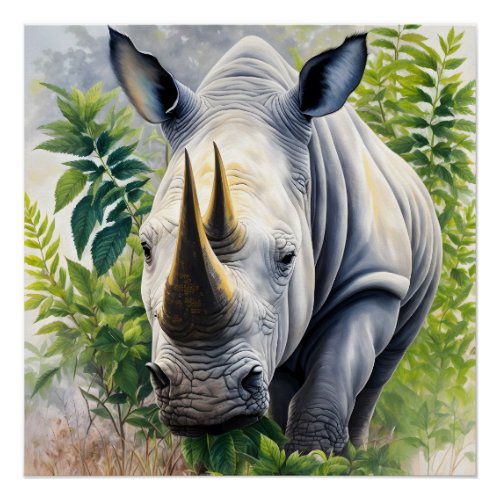 White Rhino Botanical Painting Poster