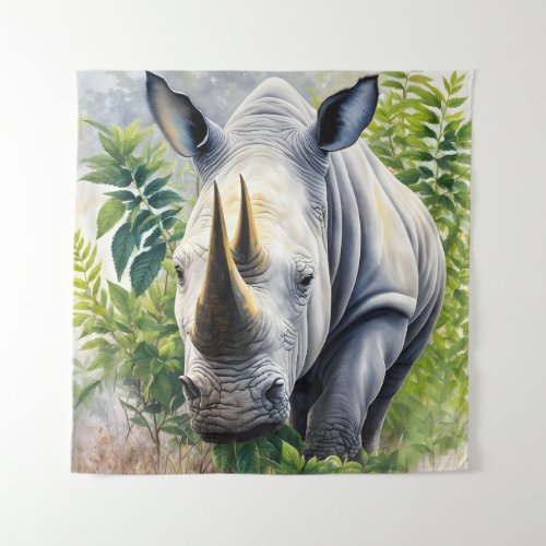 White Rhino Botanical Painting Tapestry