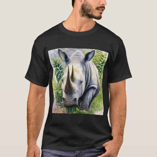 White Rhino Portrait Botanical Art  T_Shirt