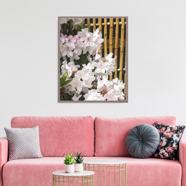 White Rhododendron Blooms and Bamboo Fence Floral Canvas Print (Insitu(LivingRoom))