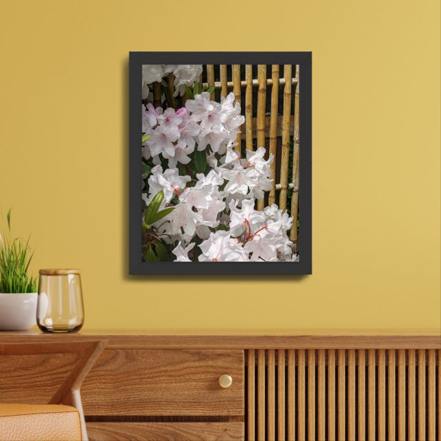 White Rhododendron Blooms and Bamboo Fence Floral Framed Art (Living Room)