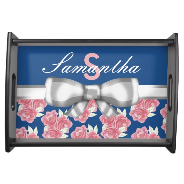 White Ribbon and Pink Roses Monogram Serving Tray (Front)