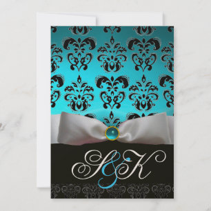 WHITE RIBBON AQUA BLUE BLACK DAMASK MONOGRAM INVITATION