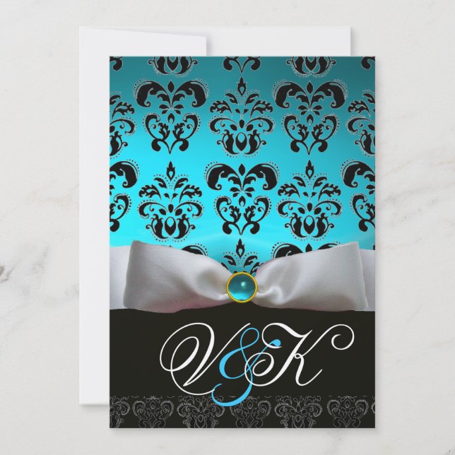 WHITE RIBBON AQUA BLUE BLACK DAMASK MONOGRAM INVITATION (Front)
