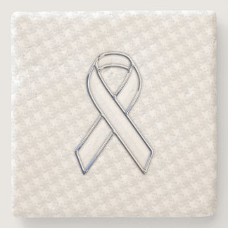 White Ribbon Awareness Applique on Houndstooth Stone Coaster