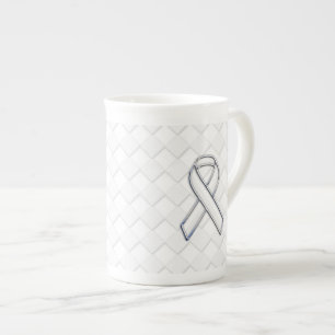 White Ribbon Awareness on Checkers Print Bone China Mug