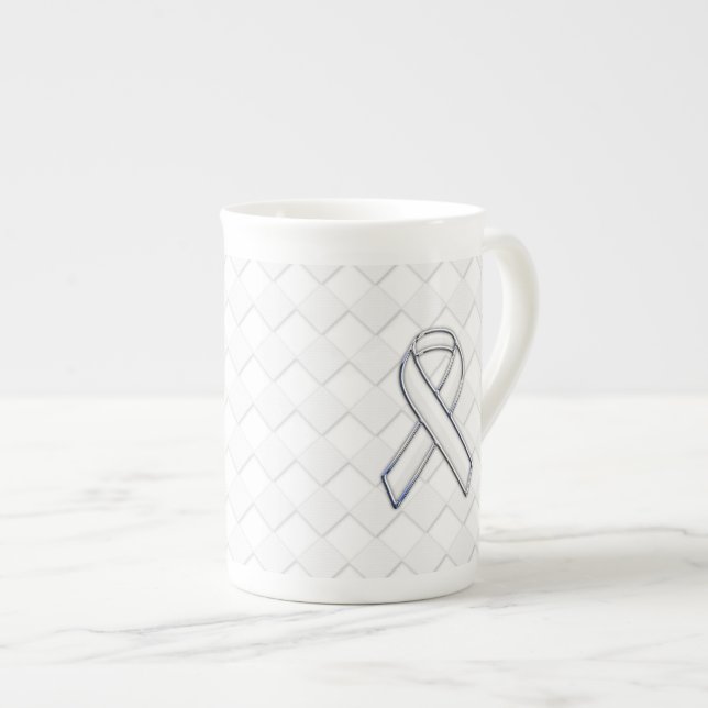White Ribbon Awareness on Checkers Print Bone China Mug (Front Right)