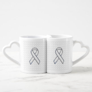 White Ribbon Awareness on Checkers Print Coffee Mug Set