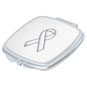 White Ribbon Awareness on Checkers Print Compact Mirror
