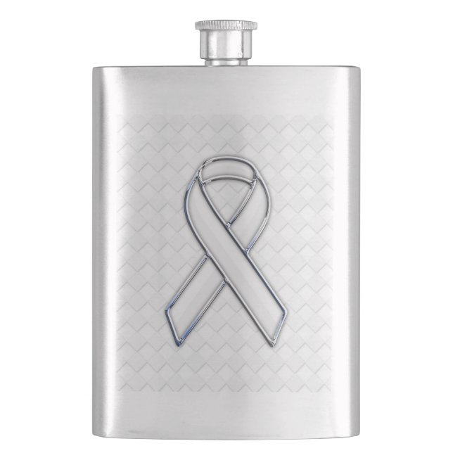 White Ribbon Awareness on Checkers Print Flask (Front)