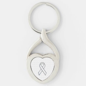 White Ribbon Awareness On Checkers Print Keychain by MustacheShoppe at Zazzle