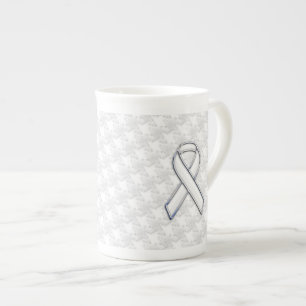 White Ribbon Awareness on Houndstooth Print Bone China Mug