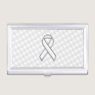 White Ribbon Awareness on Houndstooth Print Business Card Case