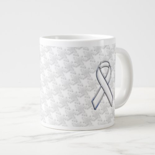 White Ribbon Awareness on Houndstooth Print Giant Coffee Mug