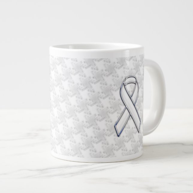 White Ribbon Awareness on Houndstooth Print Giant Coffee Mug (Front Right)