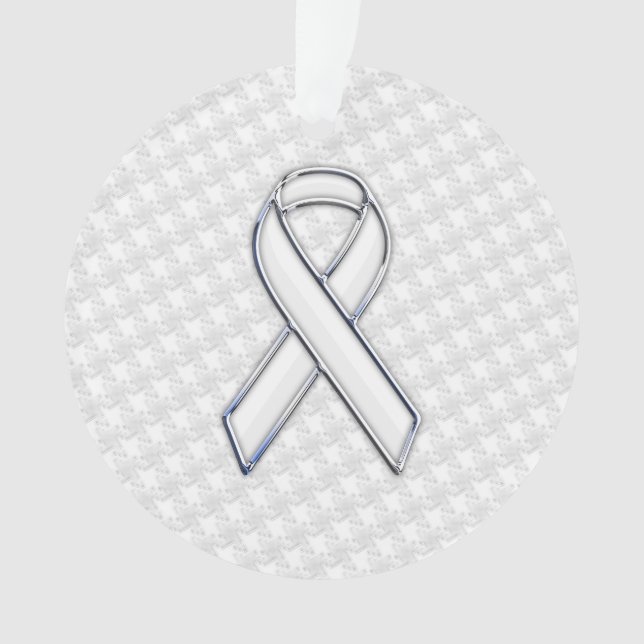 White Ribbon Awareness on Houndstooth Print Ornament (Front)