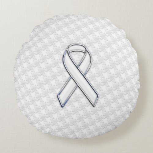 White Ribbon Awareness on Houndstooth Print Round Pillow