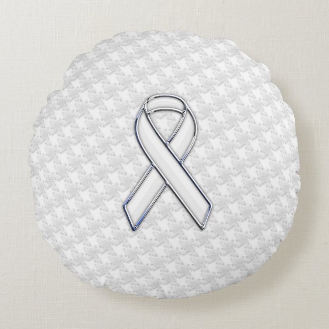 White Ribbon Awareness on Houndstooth Print Round Pillow (Front)