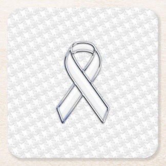 White Ribbon Awareness on Houndstooth Print Square Paper Coaster
