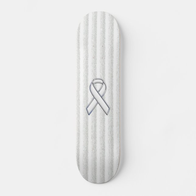 White Ribbon Awareness on Vertical Stripes Skateboard (Front)