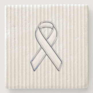 White Ribbon Awareness on Vertical Stripes Stone Coaster
