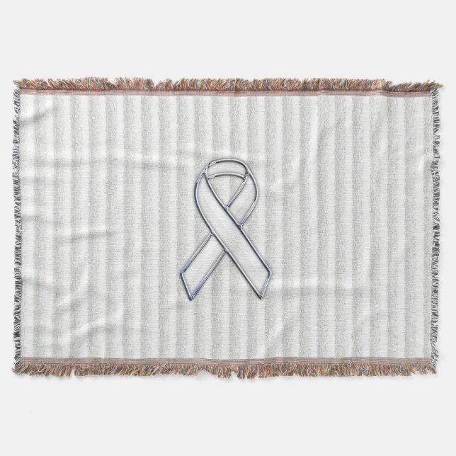 White Ribbon Awareness on Vertical Stripes Throw Blanket (Front)