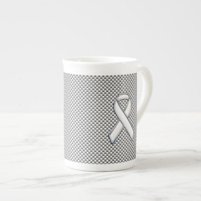 White Ribbon Awareness White Carbon Fiber Print Bone China Mug (Front Right)