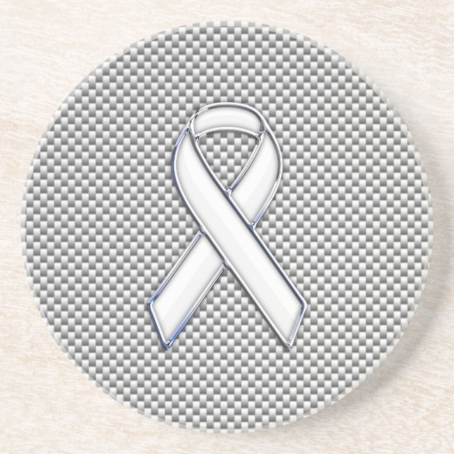 White Ribbon Awareness White Carbon Fiber Print Coaster (Front)