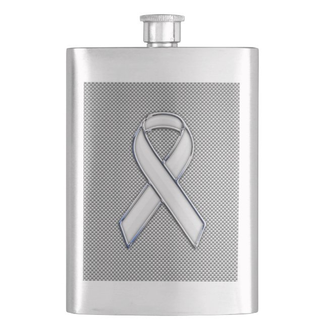 White Ribbon Awareness White Carbon Fiber Print Hip Flask (Front)