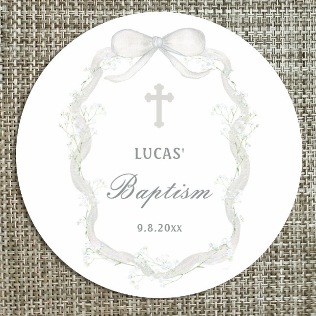 White Ribbon Baby's Breath Baptism Classic Round Sticker (Creator Uploaded)