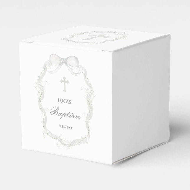 White Ribbon Baby's Breath Baptism Cube Favor Boxes (Front Side)