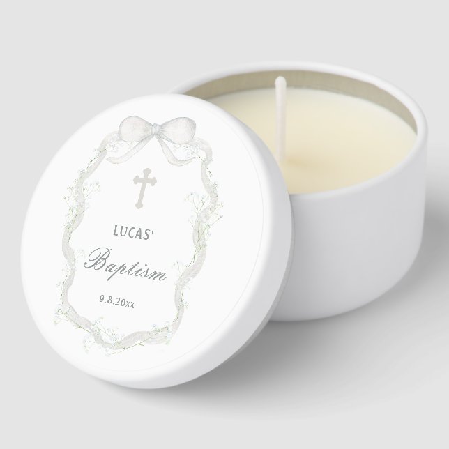 White Ribbon Baby's Breath Baptism Mini Candle Favors (Corner)