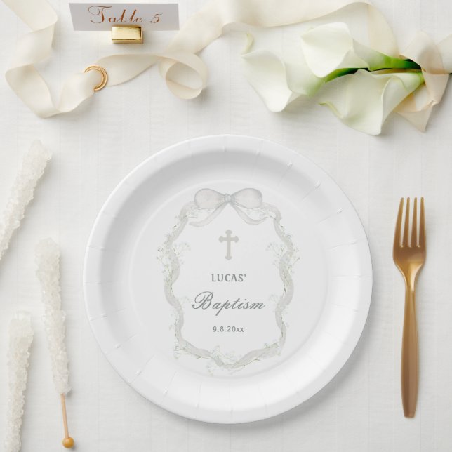 White Ribbon Baby's Breath Baptism Paper Plates (Wedding)