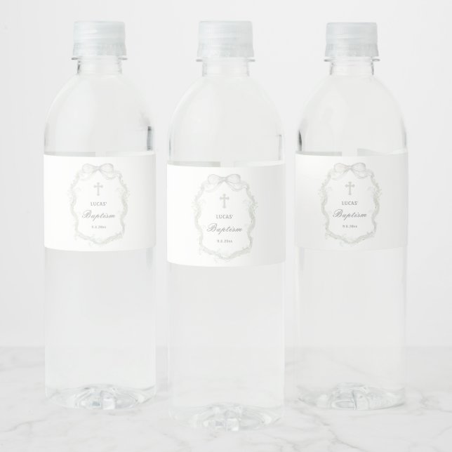 White Ribbon Baby's Breath Baptism Water Bottle Label (Bottles)